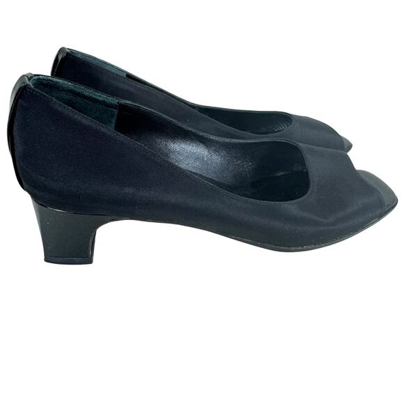 VAN ELi East Black Satin Block Heel Open Toe Slip On Pumps Leather Sole Size 7 - Picture 2 of 7